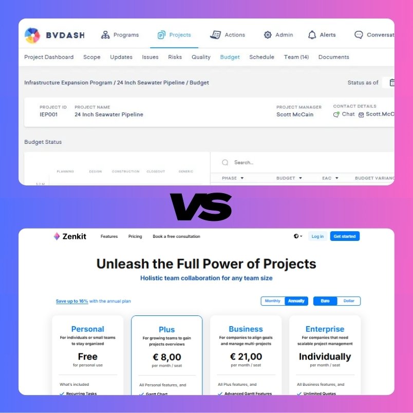 Split-screen image compares BVDash vs. Zenkit: the top showcases BVDash’s project dashboard, while the bottom highlights Zenkit’s pricing and plan options. Bold black "VS" sits between the two screenshots for clear contrast.