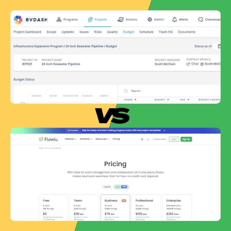 Split-screen comparison: The top half shows a BVDash vs. Flowlu project management dashboard for a seawater pipeline budget, while the bottom half displays Flowlu’s pricing page with various subscription plans. "VS" is in the center.