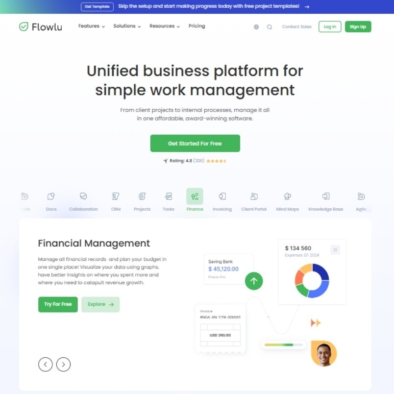 Screenshot of the Flowlu website homepage featuring a header about unified business work management, a green “Get Started For Free” button, and a section highlighting financial management—perfect for those comparing BVDash vs. Flowlu solutions.