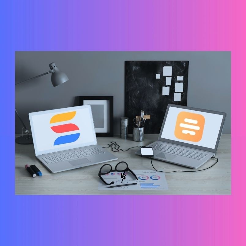 Two laptops on a desk face each other, each displaying a different logo—SmartSuite vs. Hive. The desk is scattered with glasses, pens, documents, and office supplies, all set against a vibrant gradient blue and pink background.