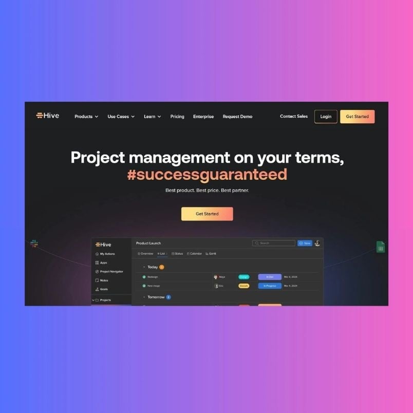 Screenshot of Hive’s website with the headline “Project management on your terms, #successguaranteed” over a black background, navigation buttons, and a project management dashboard—perfect for comparing SmartSuite vs. Hive. The background features a blue-to-pink gradient.