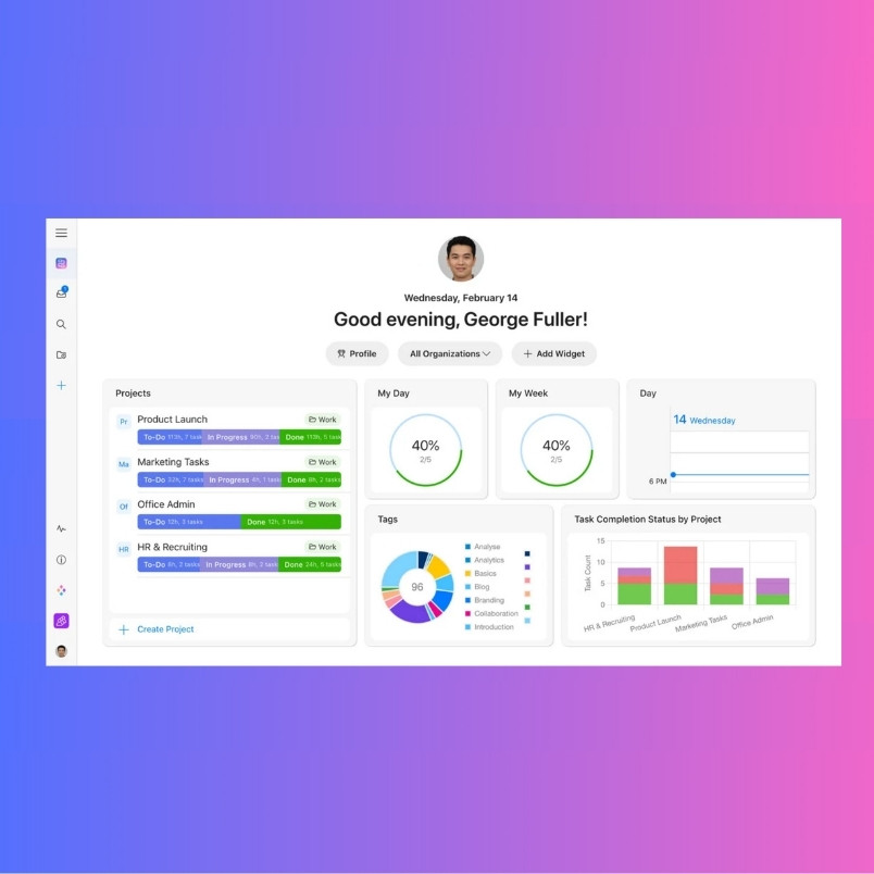 A project management dashboard—like those in BVDash vs. Zenkit—features a greeting, profile photo, project lists, progress bars, completion percentages, a calendar, task status donut chart, and bar graph on white with a pink-blue gradient backdrop.