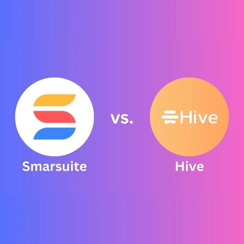 Graphic comparing SmartSuite vs. Hive. The SmartSuite logo appears on a white circle to the left, Hive logo on an orange circle to the right, with "vs." between them over a pink and blue gradient background.