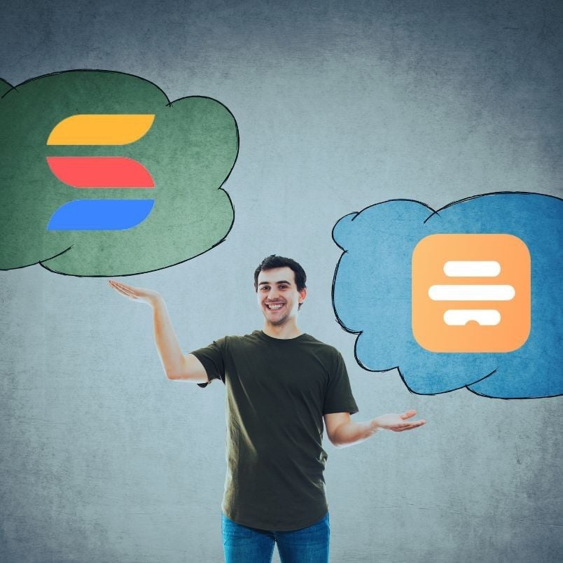 A smiling man stands against a gray background, holding out his hands under two illustrated thought bubbles—one with the Sleekflow logo and the other with the Respond.io logo—evoking a comparison similar to SmartSuite vs. Hive.