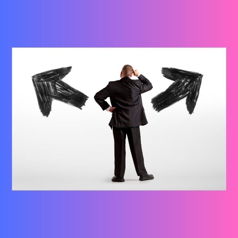 A man in a suit stands facing two large arrows labeled "Smartsuite vs. Zenkit," appearing uncertain about which direction to choose. The background is white, with a gradient border of blue to pink.