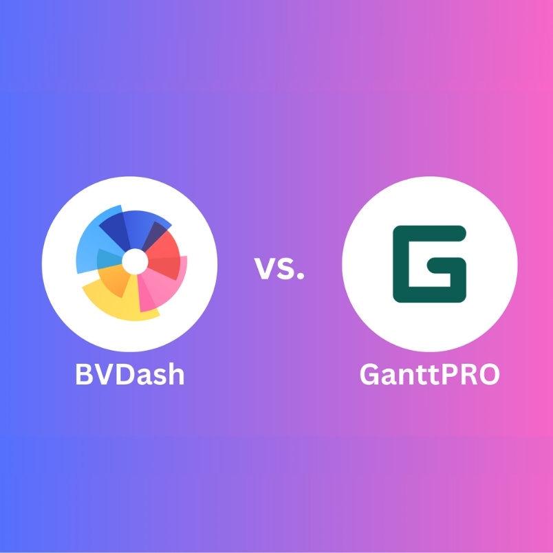 Two logos on a gradient blue-to-pink background: the left shows BVDash with a multicolored circular logo, and the right shows GanttPRO with a green "G" logo. Text in the center reads "BVDash vs GanttPro.