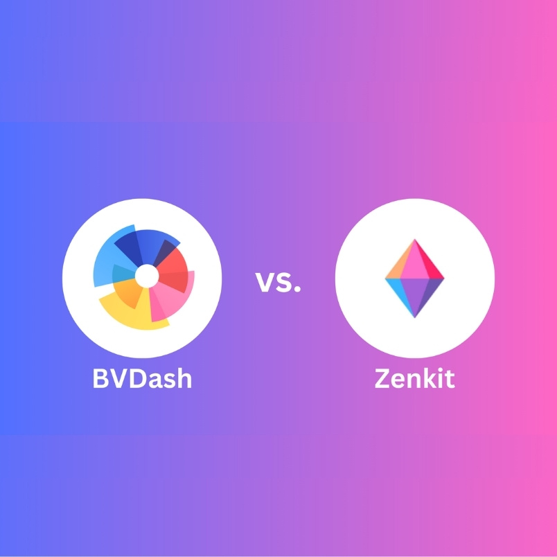 A comparison graphic featuring the BVDash vs. Zenkit logos, separated by “vs.” on a blue-to-pink gradient background.