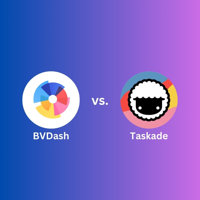 Graphic featuring the BVDash vs Taskade logos side by side, separated by “vs.” on a blue-to-purple gradient background.