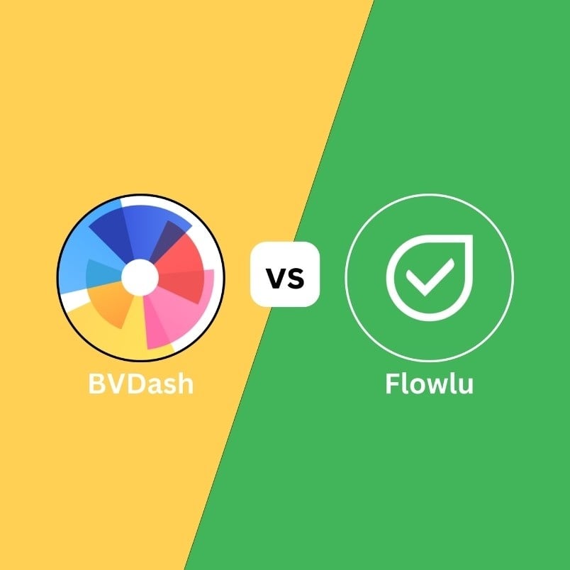 A split background with yellow on the left and green on the right highlights the BVDash vs. Flowlu comparison. The left side features the BVDash logo, the right shows Flowlu’s logo, with "VS" boldly centered between them.