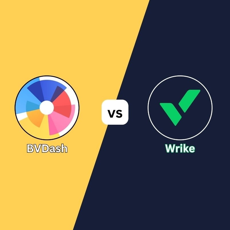 Split yellow and dark blue background featuring BVDash vs. Wrike, with the BVDash logo and text on the left, Wrike logo and text on the right, and "vs" in the center.