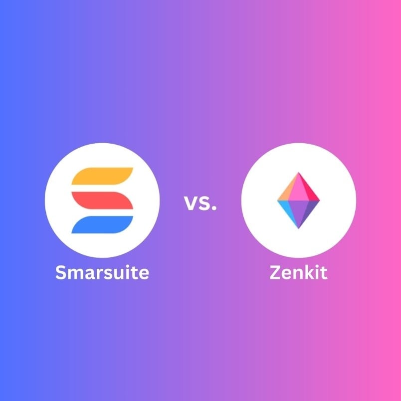 A gradient blue-to-pink background displays the smartsuite vs. zenkit matchup: Smartsuite's logo on the left, Zenkit's on the right, separated by "vs." and their names beneath each logo.