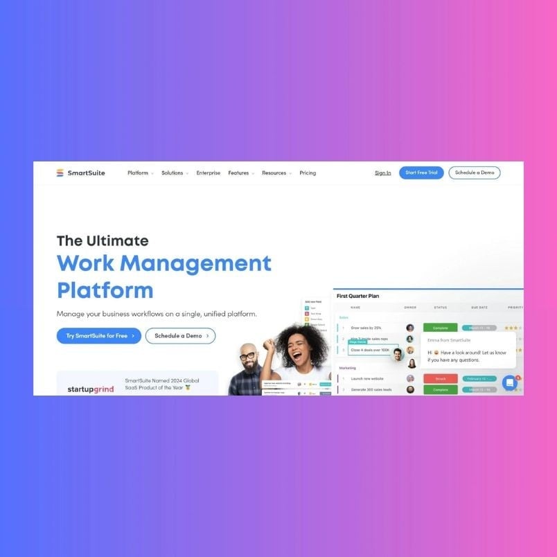 A website homepage features the headline "The Ultimate Work Management Platform," comparing SmartSuite vs. Hive, with buttons for starting a free trial or scheduling a demo, and platform interface screenshots on a blue-to-pink gradient background.