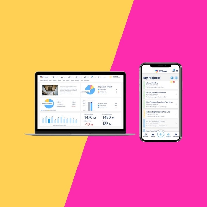 A laptop and a smartphone display Project Progress Tracking in BVDash dashboards, set against a background split diagonally into yellow and pink halves.