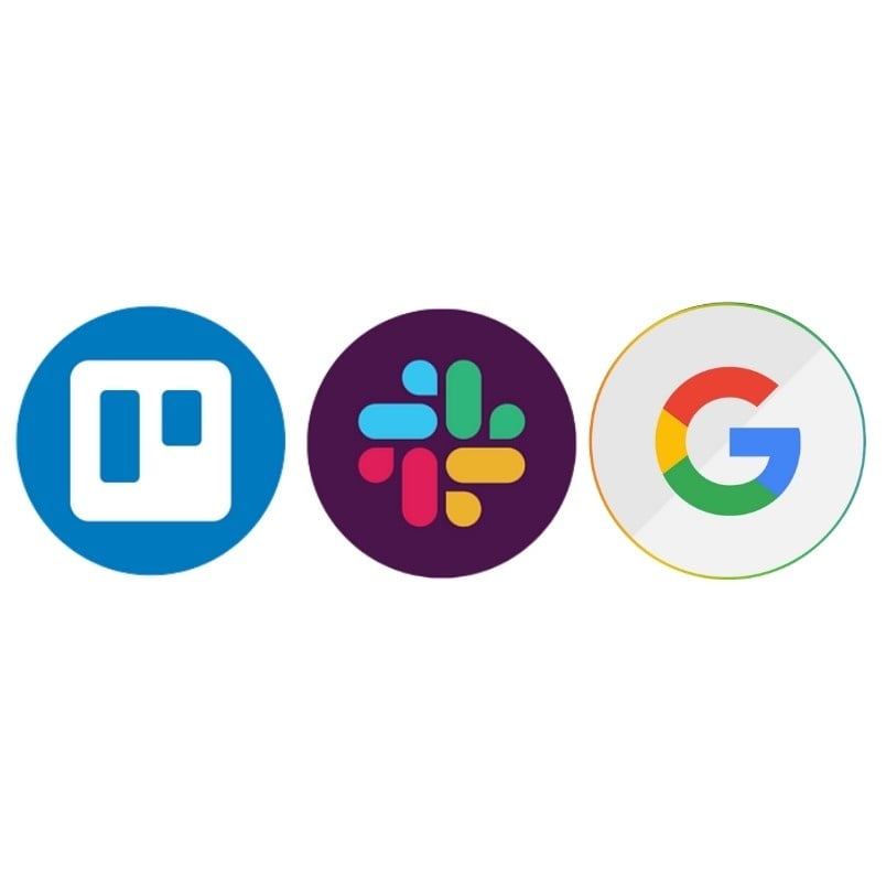Three circular app icons on a white background: Trello (blue with white rectangles), Slack (colorful hashtag on a dark circle), and Google (multi-colored "G" on white)—all essential tools for seamless virtual collaboration.