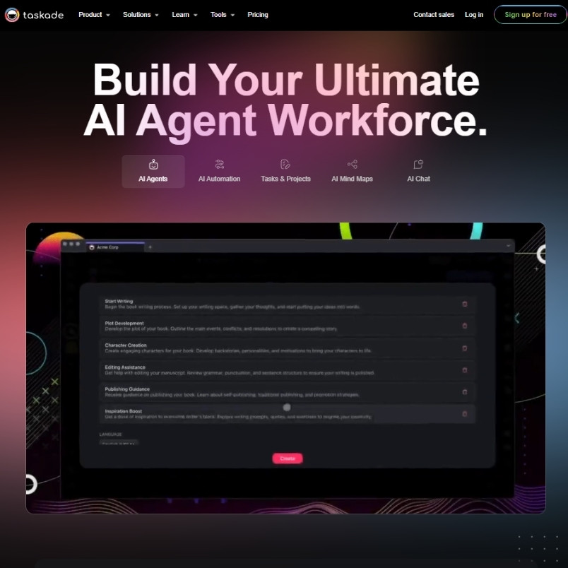 A website homepage with the headline "Build Your Ultimate AI Agent Workforce." Below, a dark-themed interface displays AI automation options, highlighting differences like BVDash vs Taskade. The background features a colorful gradient with geometric patterns.