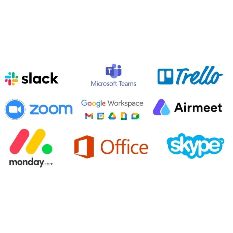 Logos of popular workplace collaboration and productivity tools—Slack, Microsoft Teams, Trello, Zoom, Google Workspace, Airmeet, Monday.com, Microsoft Office, and Skype—are displayed on a white background for seamless virtual collaboration.