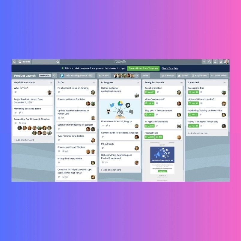 A Trello board titled "Product Launch," displayed on a screen, showcases how project management software for small businesses organizes columns for stages, task cards, checklists, and team avatars against a blue and pink gradient background.