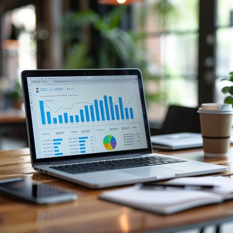 A laptop displaying various charts and graphs sits on a wooden table with a smartphone, notepad, pen, and coffee cup nearby—an ideal setup for exploring Project Management Software for Small Businesses in a bright, modern office with large windows and plants.