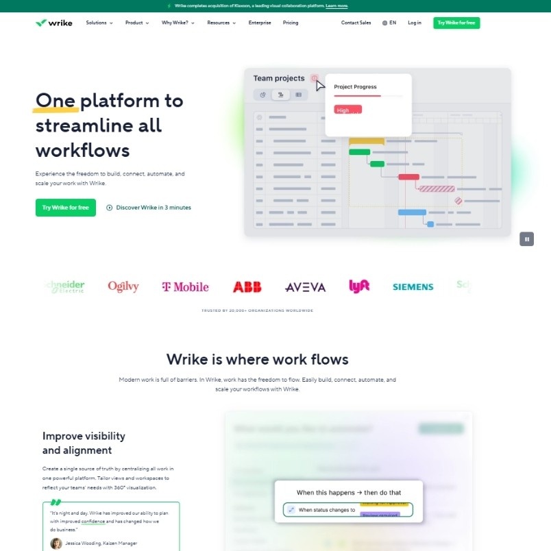 Screenshot of Wrike's homepage featuring the headline "One platform to streamline all workflows," a project management timeline graphic, client logos, and sections highlighting features like visibility and integration—ideal for comparing BVDash vs. Wrike.