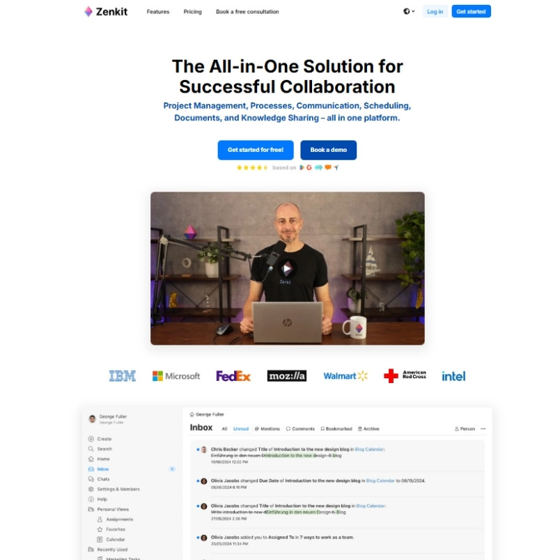 Screenshot of Zenkit’s homepage featuring a collaboration solutions headline, a video presentation, major company logos like IBM and Microsoft, and a partial email inbox—highlighting features to compare in the BVDash vs. Zenkit debate.