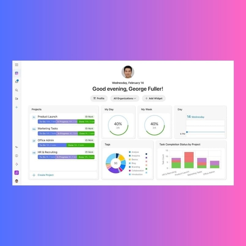 A project management dashboard compares features like user info, tasks, progress charts, and tag stats—ideal for those weighing smartsuite vs. zenkit—all on a white card over a pink-to-blue gradient background.