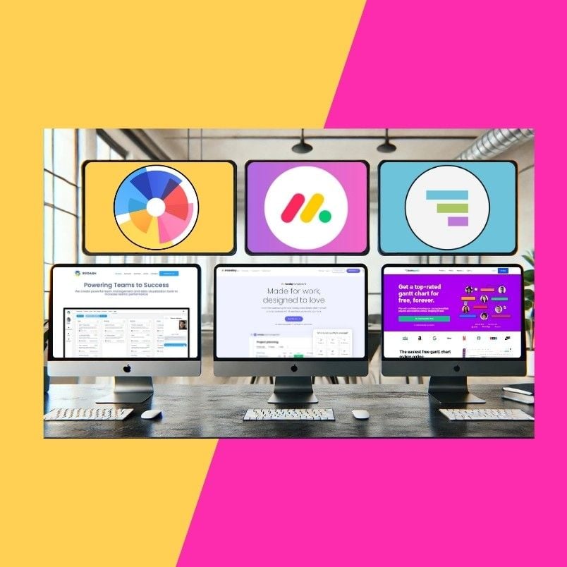 Three desktop computers display different project management software websites, including the BVDash Dashboard. Above each monitor is the logo for ClickUp, Monday.com, and Asana. The background is diagonally split pink and yellow.