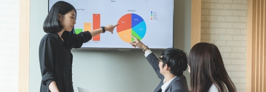 Three people in a meeting room discuss charts displayed on a screen; one woman stands and points at a bar chart, showcasing how BVDash for Stakeholder Communication enhances insights, while two colleagues highlight a colorful pie chart on the same screen.
