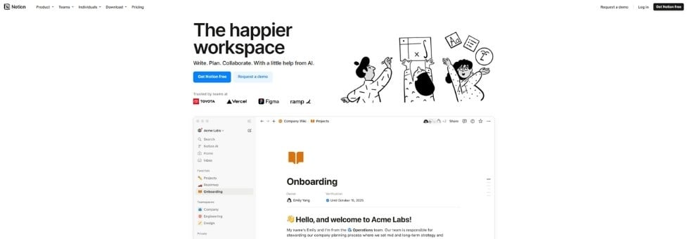 Screenshot of Notion’s homepage featuring the text "The happier workspace" on the left, with an illustration of people collaborating above a preview of Notion’s onboarding workspace interface and Notion Goal Tracker below.