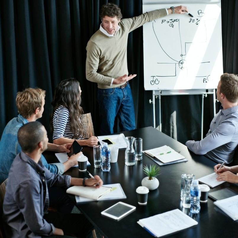 A man stands by a flip chart explaining an Initiative vs Epic diagram to four colleagues seated around a table with notebooks, drinks, and a small plant in a meeting room.
