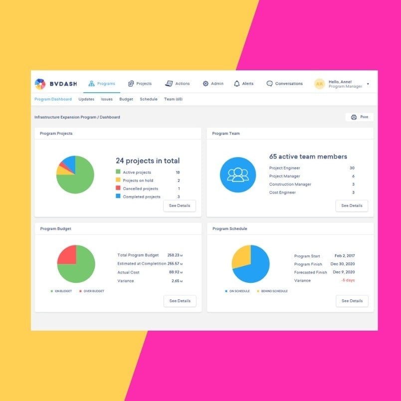 A program management dashboard showcases Task Management in BVDash with pie charts and stats for project count, team members, budget, and schedule. The interface is set against a vibrant pink and yellow diagonal background.