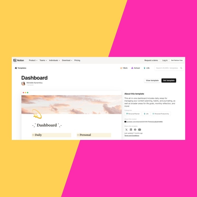 A computer screen displays a Notion template titled "Dashboard," featuring a Task Board in Notion for daily and personal tasks, set against a soft sky background and a split pink and yellow backdrop.
