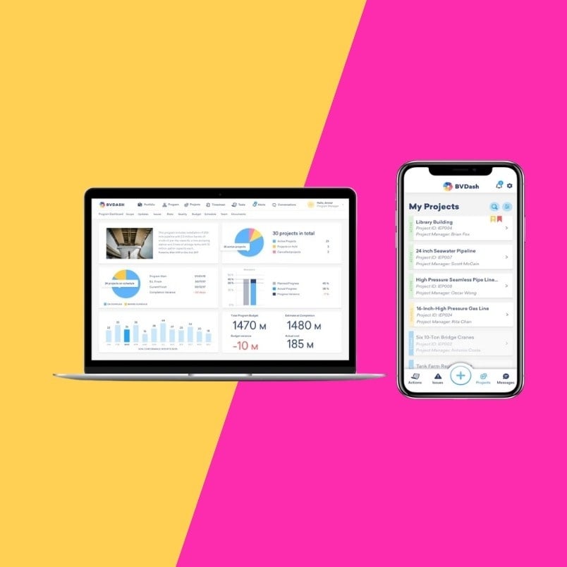 A laptop and a smartphone displaying Task Management in BVDash dashboards against a vibrant yellow and pink split background. The screens show charts, graphs, and project lists.