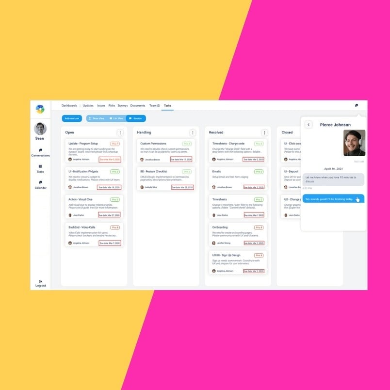A project management dashboard for Task Management in BVDash displays tasks in columns: Open, Handling, Resolved, and Closed. A chat window with a profile photo appears at the upper right. The background is half yellow and half pink.