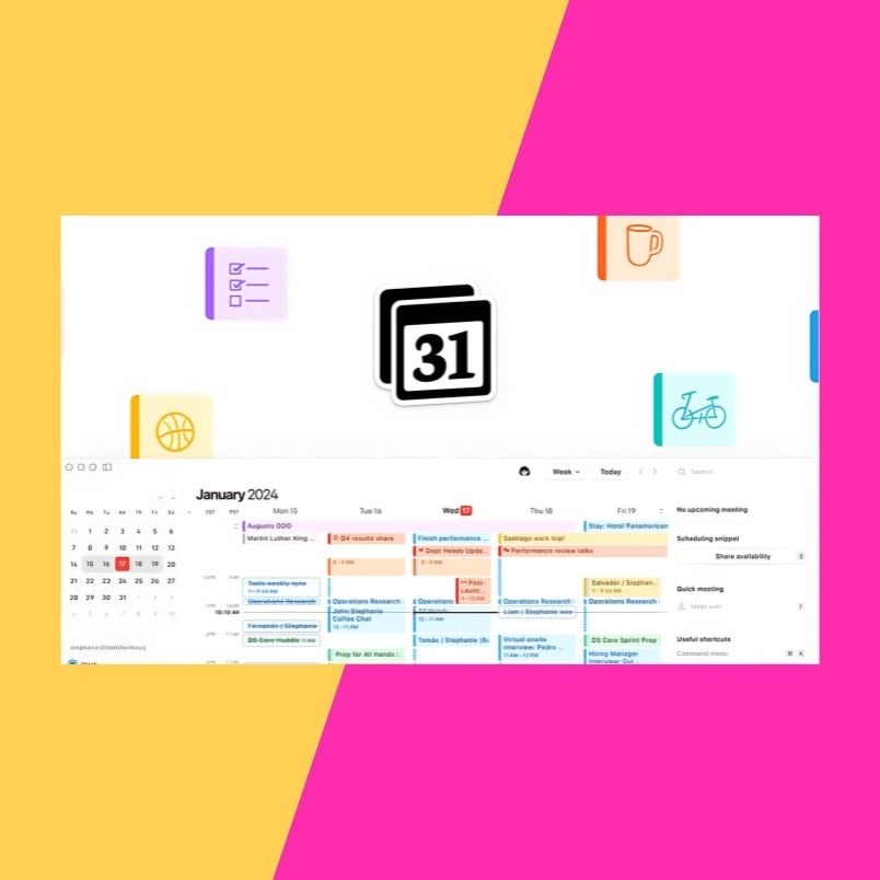 A digital Team Task Calendar in Notion for January 2024 is displayed on a background split diagonally between yellow and pink, with small icons for sports, coffee, notes, and a calendar scattered around.