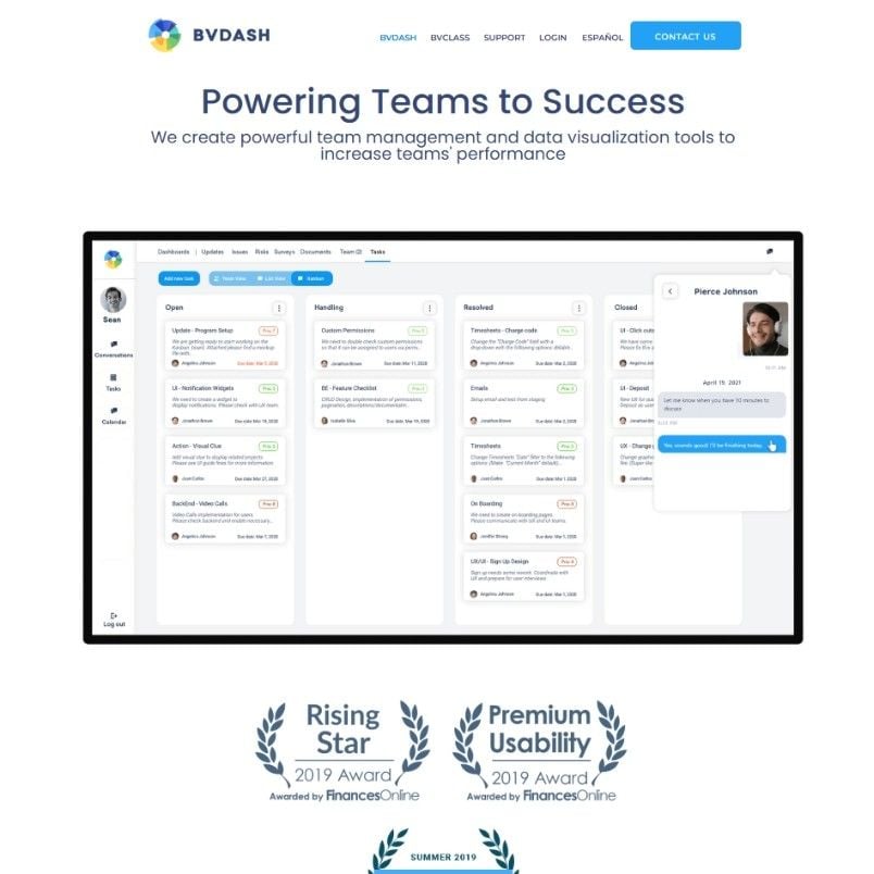 Screenshot of BVDASH's homepage showing a team management dashboard with task columns, user profile icons, and a chat window. Badges for "Rising Star" and "Premium Usability" 2019 awards highlight BVDash for Risk Management features below.