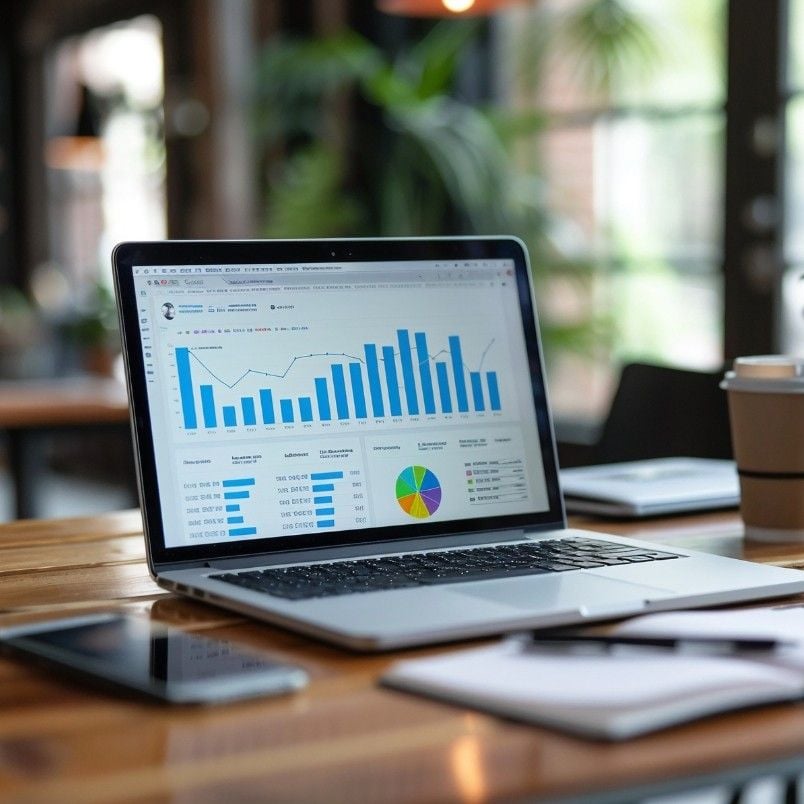 A laptop on a wooden desk displays bar graphs and charts, highlighting Software Development Management data. Nearby are a smartphone, a notebook with a pen, and a takeaway coffee cup in a bright, modern office setting.