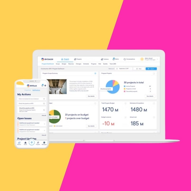A smartphone and a laptop display a BVDash Dashboard with project management graphs and statistics, set against a diagonal yellow and pink background.