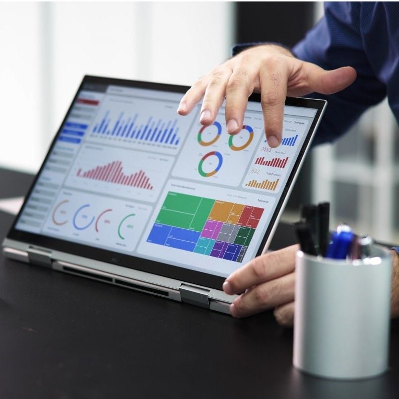 A person interacts with a touchscreen laptop displaying colorful data charts and graphs, including bar charts, pie charts, a tree map, and Gantt Charts in BVDash, on a desk beside a pen holder.
