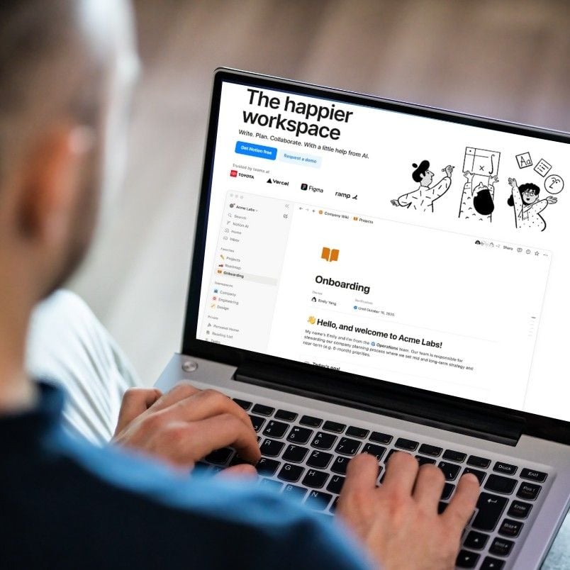 A person uses a laptop, viewing a website titled "The happier workspace," which features a digital workspace dashboard with onboarding info, navigation menus on the left, and integrates tools like Notion Goal Tracker for productivity.