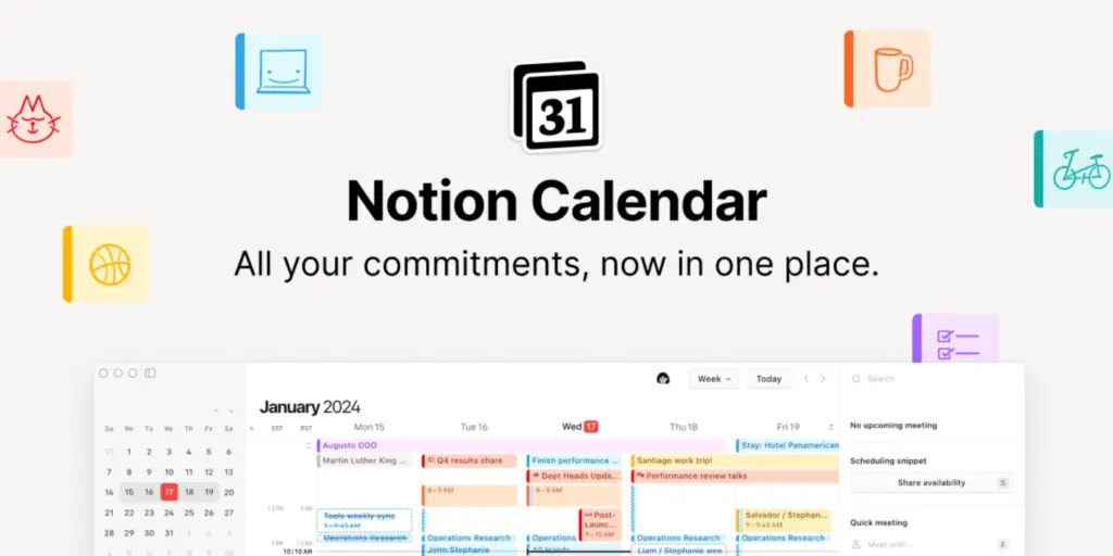 Screenshot promoting Notion Calendar, featuring a digital Team Task Calendar in Notion for January 2024 with color-coded events. Icons of a cat, book, mug, bike, and basketball surround the heading "All your commitments, now in one place.