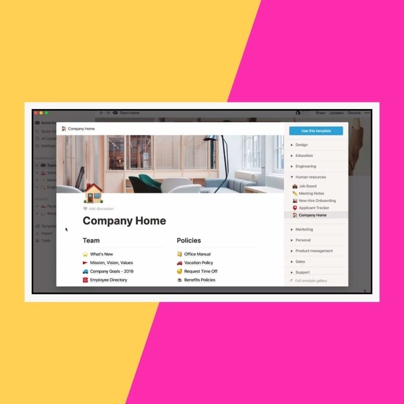 A computer screen displays a company home dashboard with team and policy sections on the left, a navigation menu on the right, and a colorful pink and yellow background, resembling a Company Wiki in Notion.