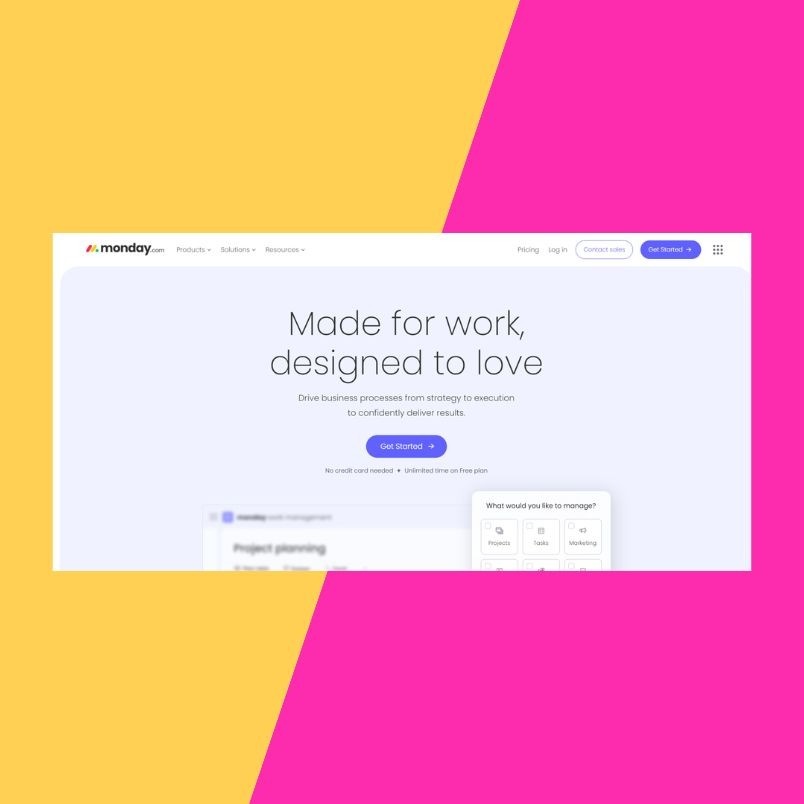 Screenshot of the monday.com homepage showing the tagline "Made for work, designed to love" on a white background, overlaid on a pink and yellow diagonal split background—perfect for teams managing tasks like Project Budget in BVDash.