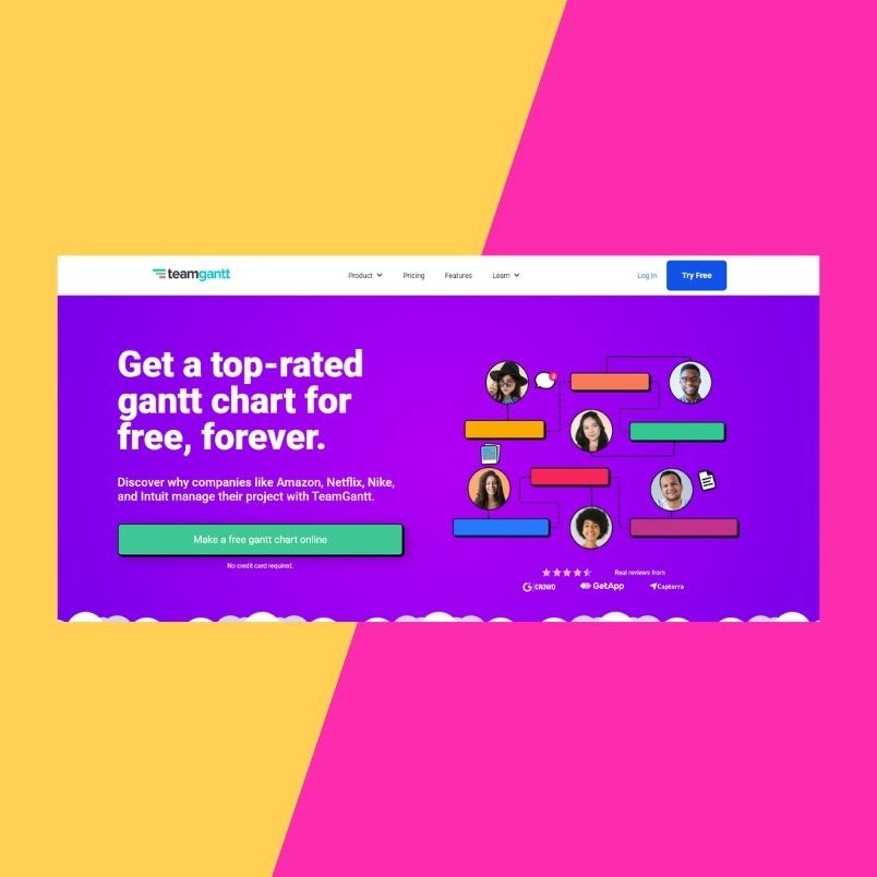 Screenshot of TeamGantt’s website on a purple background, promoting free Gantt charts and illustrated avatars—shown diagonally over a pink and yellow split background—ideal for visualizing tasks or tracking your project budget in BVDash.