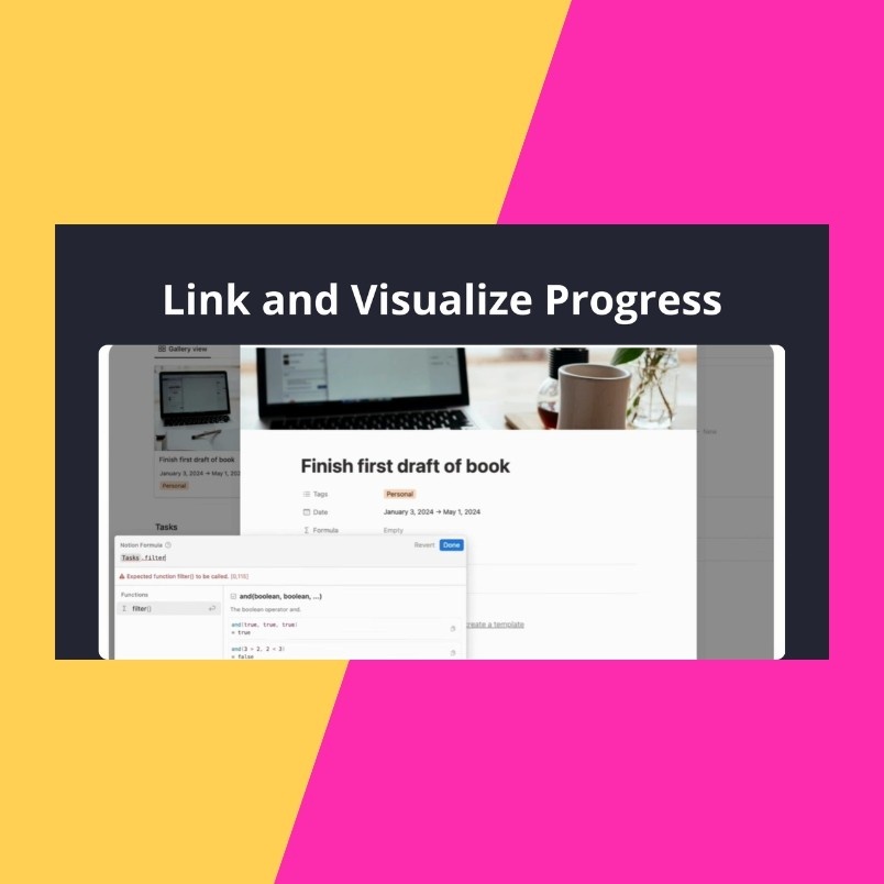 A screenshot of a task management interface with the heading "Finish first draft of book" appears above the text "Link and Visualize Progress" on a black banner, featuring Notion Progress Bars. The background is split diagonally into yellow and pink sections.
