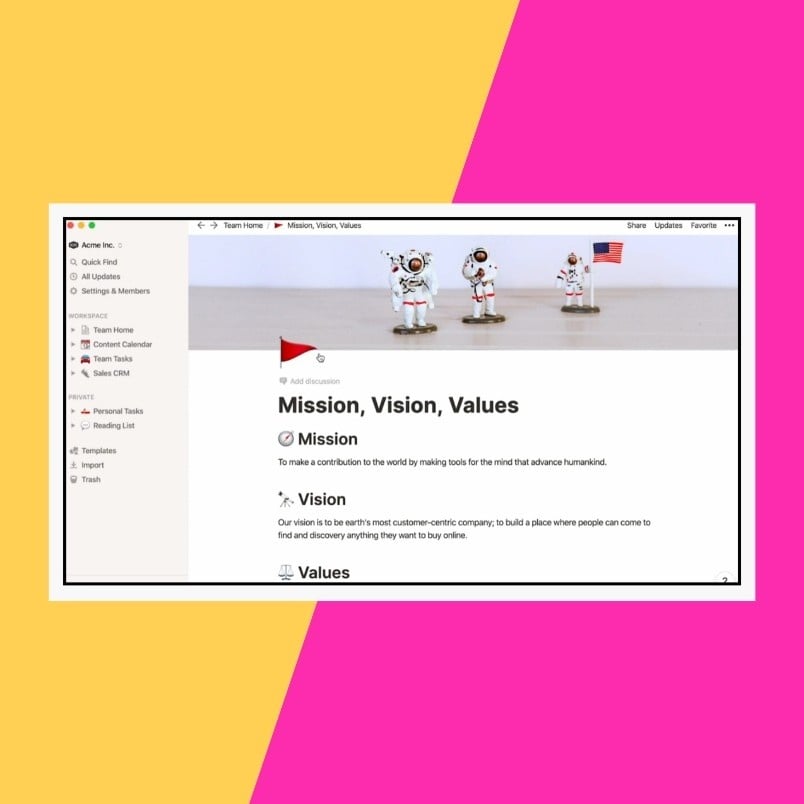 A screenshot of a Notion workspace displaying a "Mission, Vision, Values" page for a Company Wiki in Notion, featuring small astronaut figurines at the top and a diagonally split pink and yellow background.