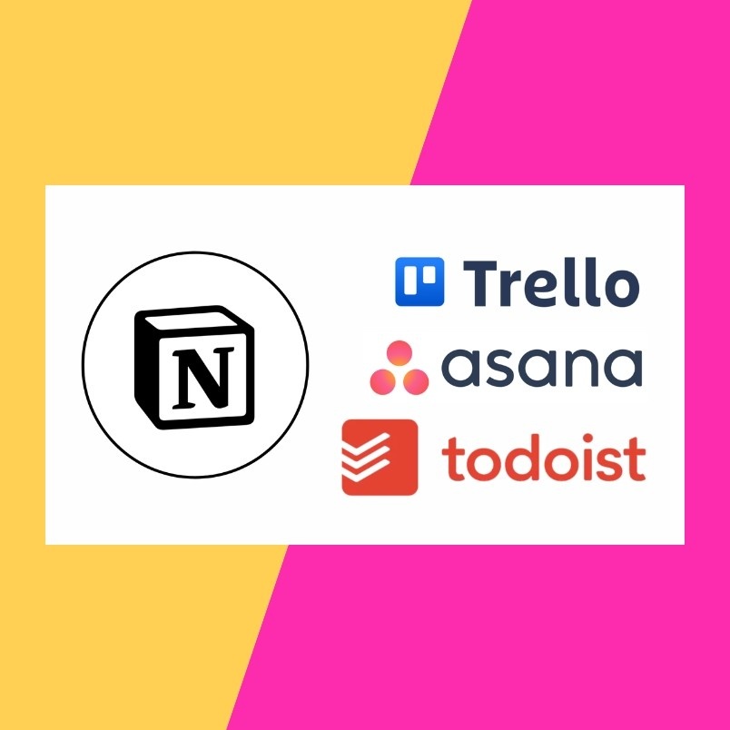 A graphic displays the logos for Notion, Trello, Asana, and Todoist—alongside Notion Progress Bars—on a background split diagonally between yellow and pink.