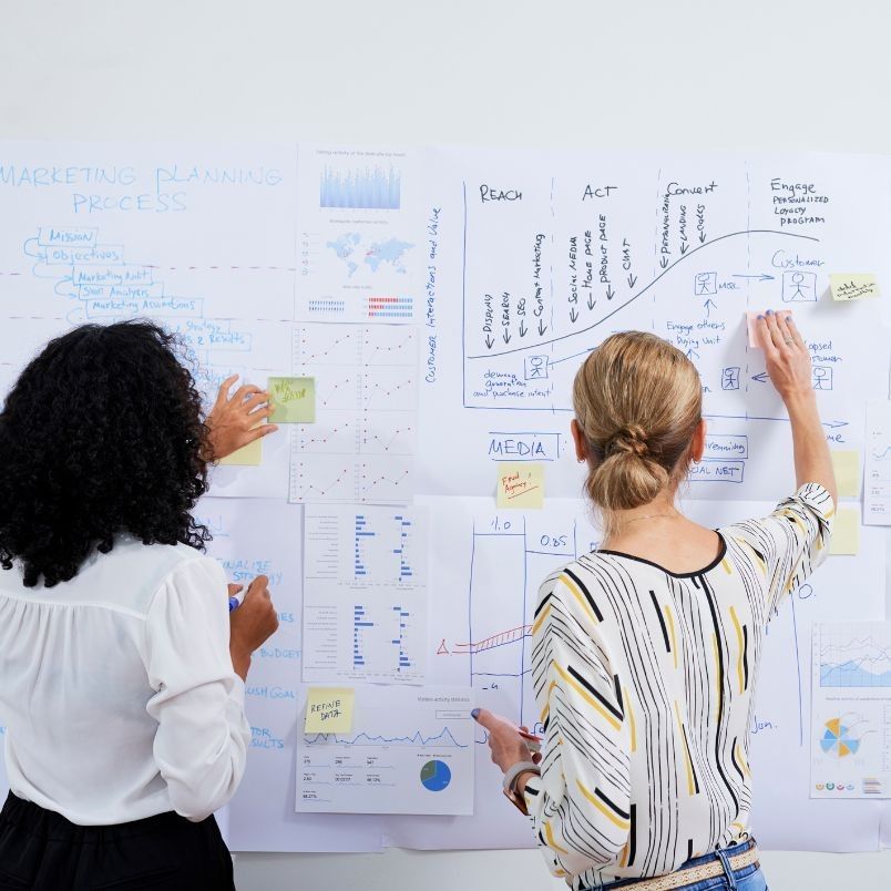 Two women stand at a whiteboard covered with charts, graphs, and notes. They are discussing and writing on sticky notes, collaborating on an Agile Planning process for their marketing strategy.