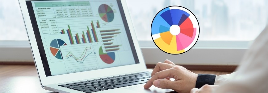 A person uses a laptop displaying colorful charts and graphs, including bar graphs, line graphs, and pie charts, representing Performance Reporting in BVDash, with a large multicolored pie chart graphic overlaying part of the screen.