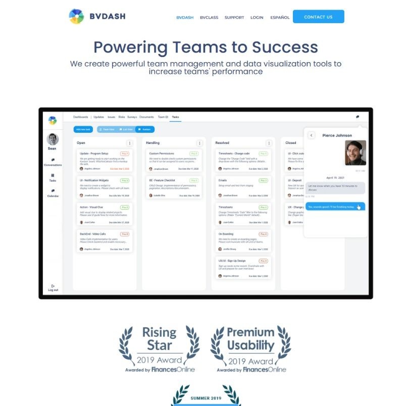 Screenshot of BVDASH’s homepage displaying a team management dashboard with user task lists and Project Budget in BVDash tools. The page highlights 2019 Rising Star and Premium Usability awards from FinancesOnline at the bottom.