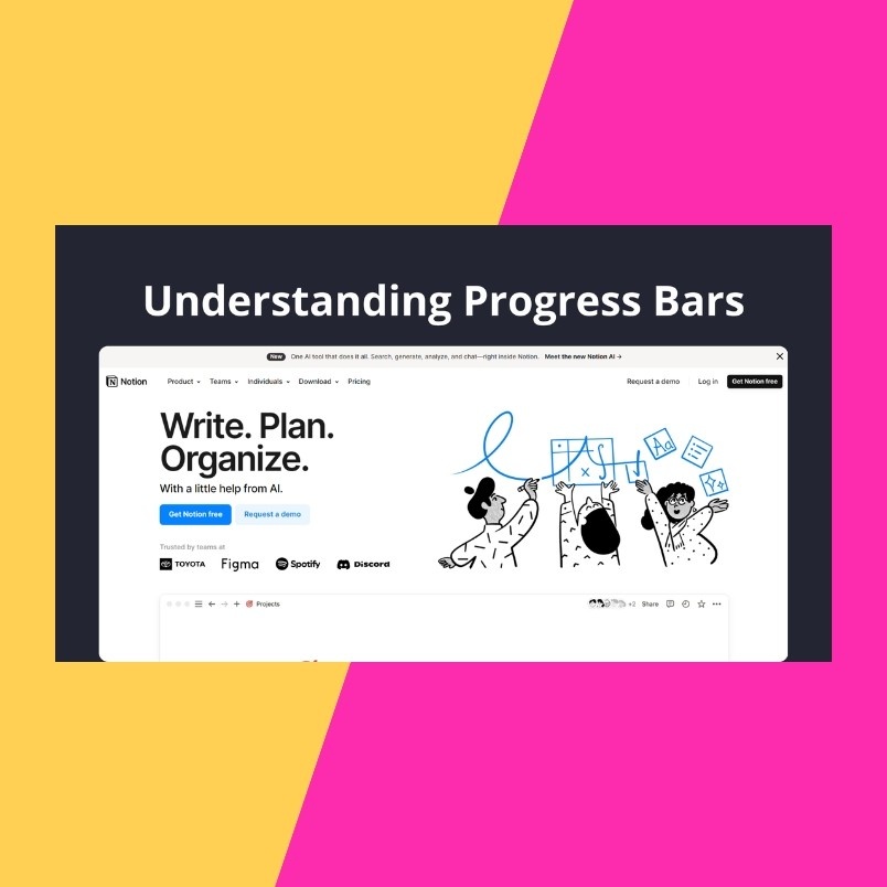 A screenshot of the Notion website is centered on a pink and yellow diagonal split background, with the heading "Understanding Notion Progress Bars" above the screenshot.
